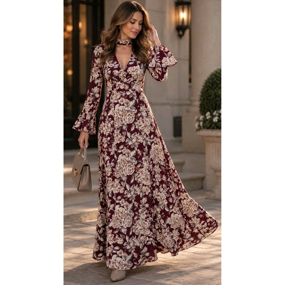 Honey Belle Burgundy Floral Maxi Dress S Choker Neck Bell Sleeve Boho Romantic